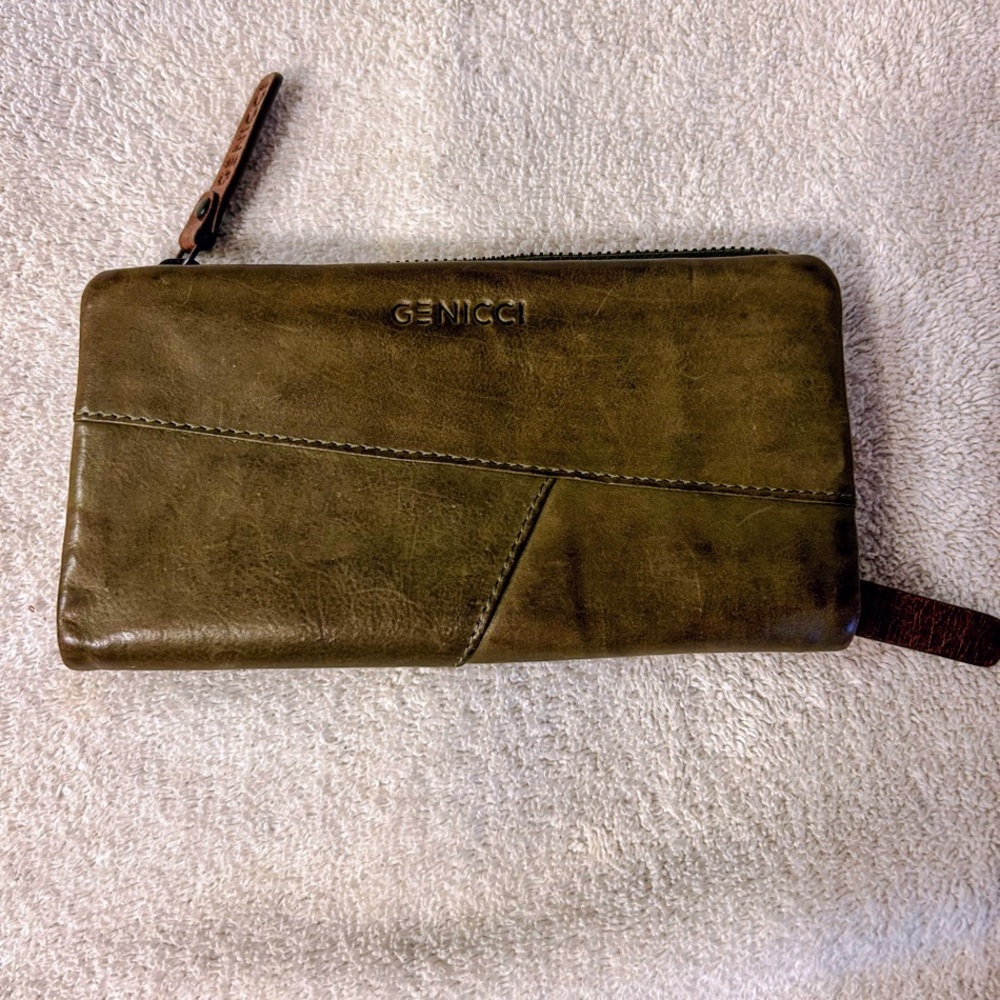 Genicci Patchwork Green Leather RFiD Wallet Snap Fold 2 Zip 6 Card 2 Money Slot